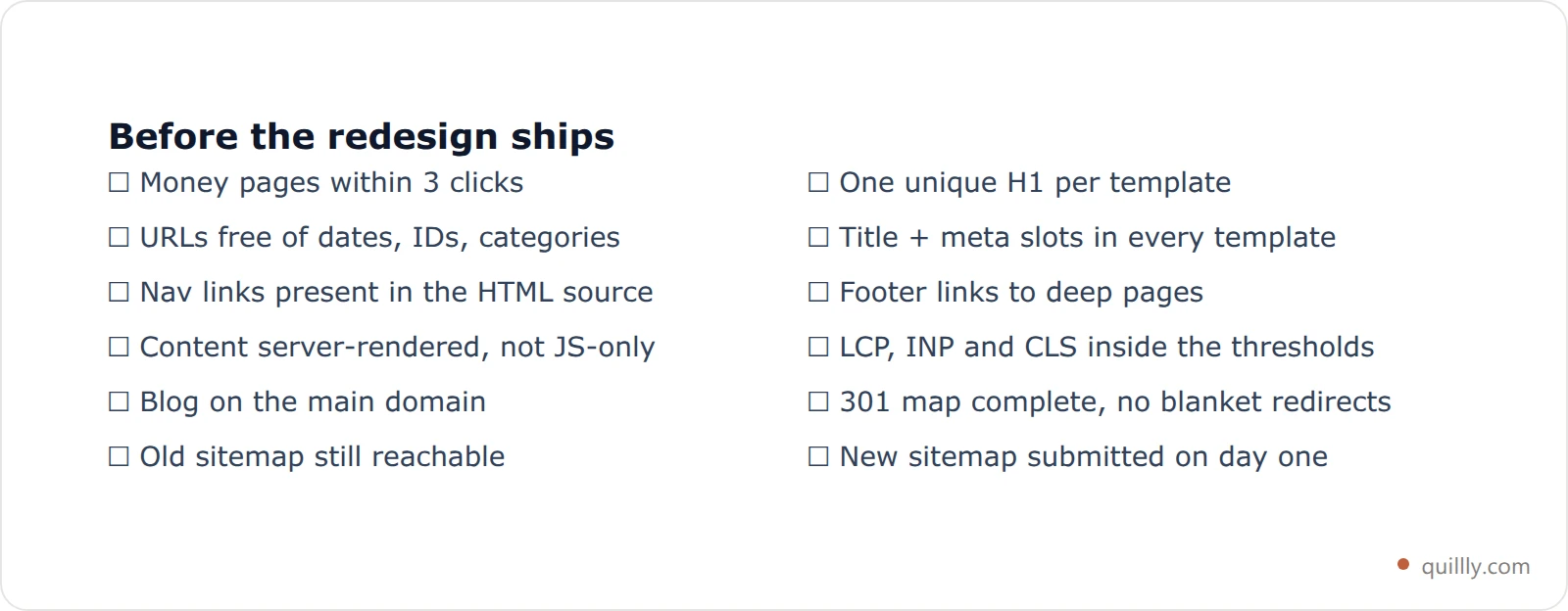 Launch-day checklist card listing the structural SEO checks to complete before a redesign goes live