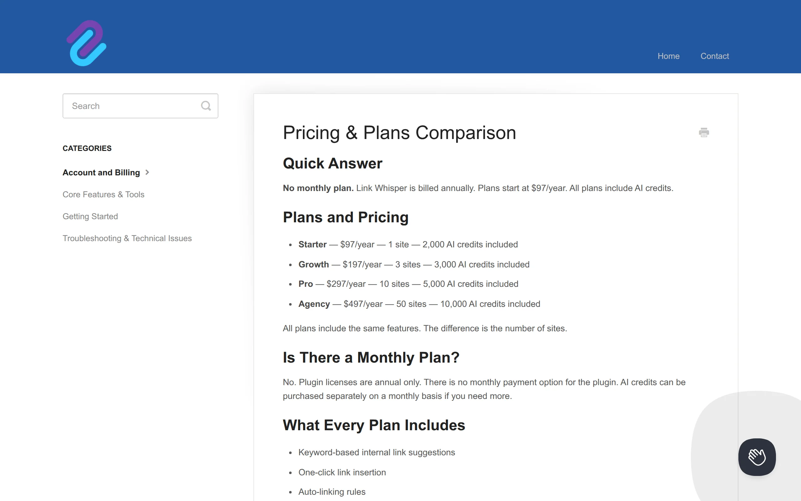 Screenshot of the Link Whisper knowledge base pricing article showing Starter at $97 per year, Growth $197, Pro $297 and Agency $497
