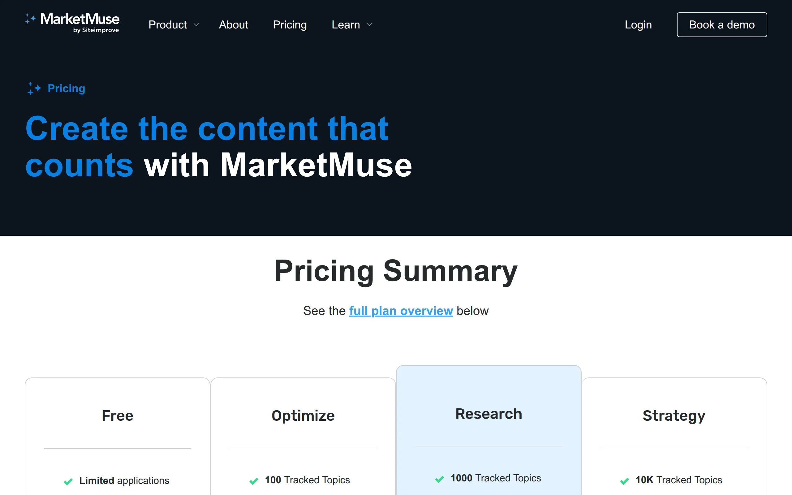 MarketMuse pricing page showing Free, Optimize, Research and Strategy tiers with feature limits but no dollar amounts