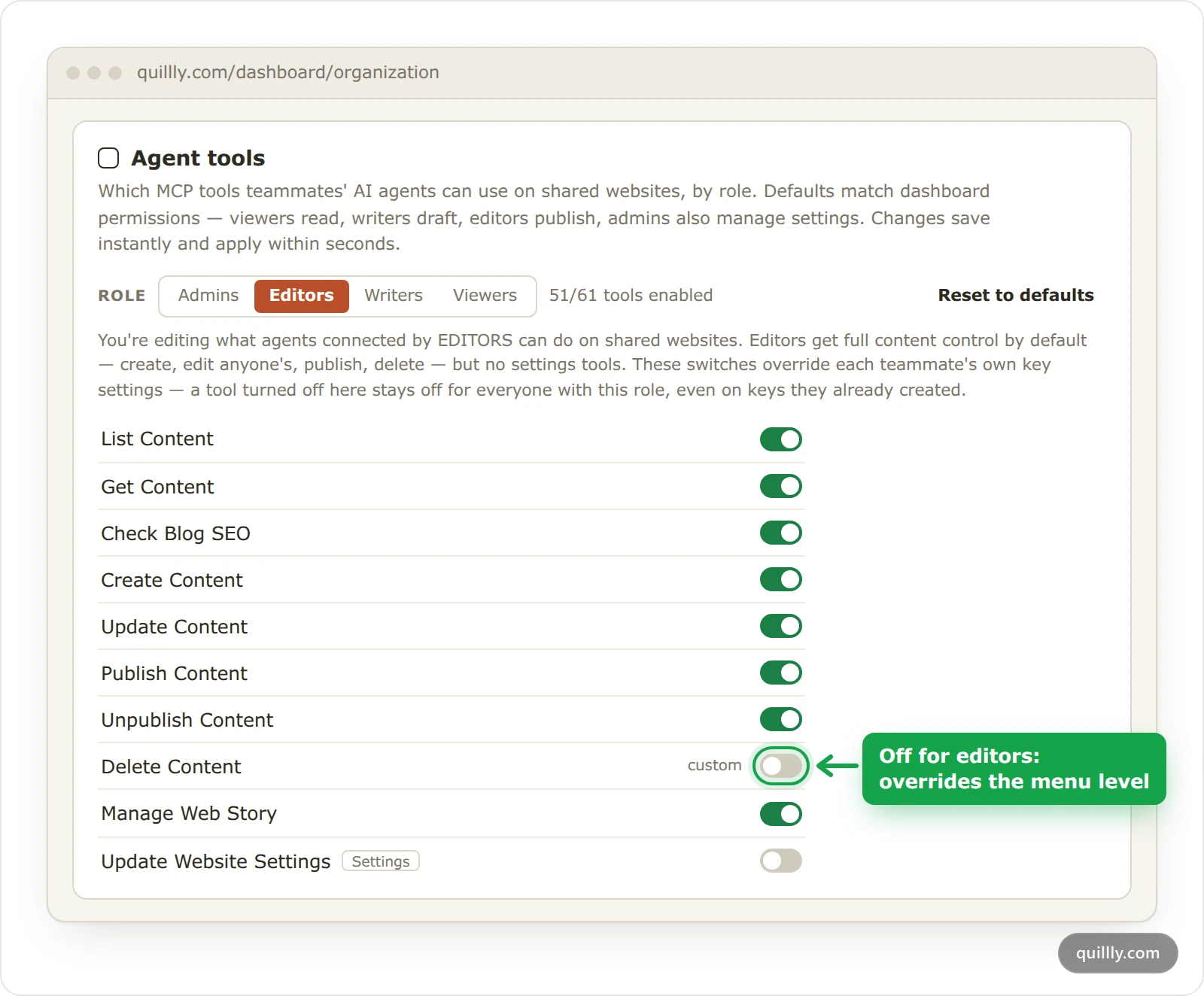 The Agent tools card with Editors selected, showing Delete Content switched off and marked custom while the other content tools stay on