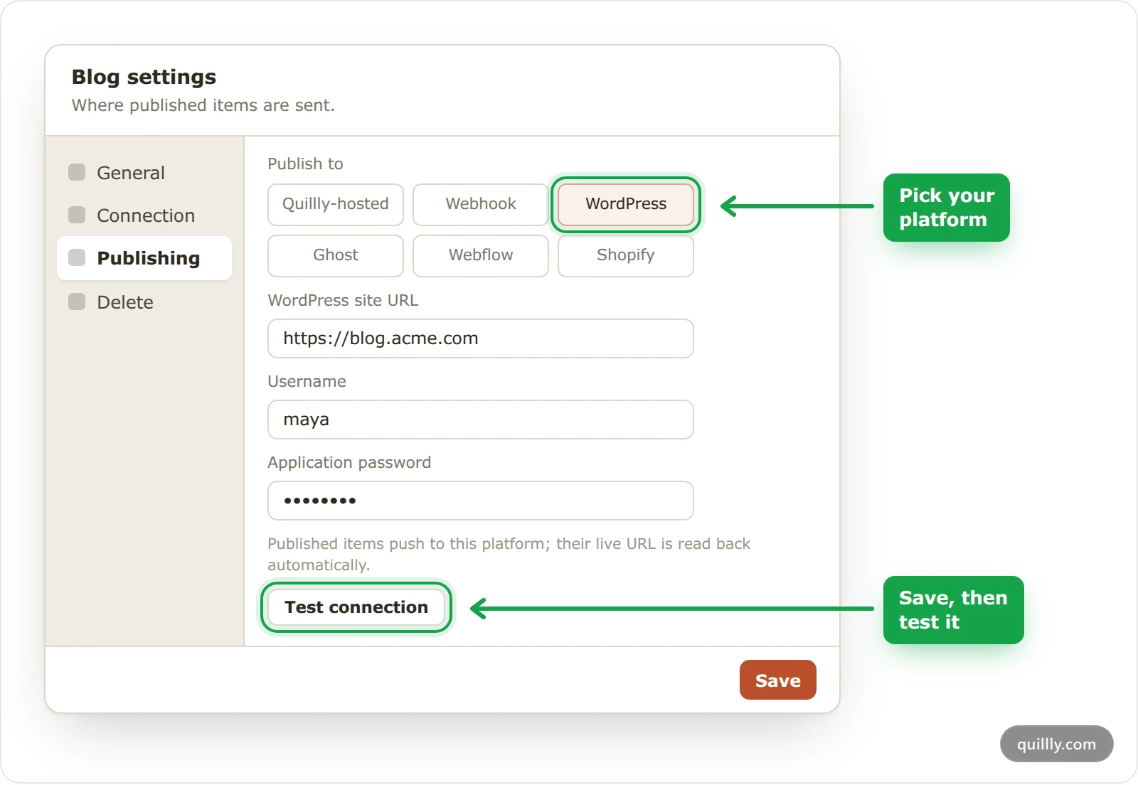 The Publishing pane of the Blog settings dialog, with WordPress picked under Publish to, its three fields filled in, and the Test connection button