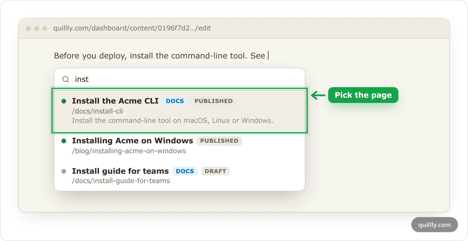 The Quillly link picker searching for inst, with a published docs page highlighted among the results