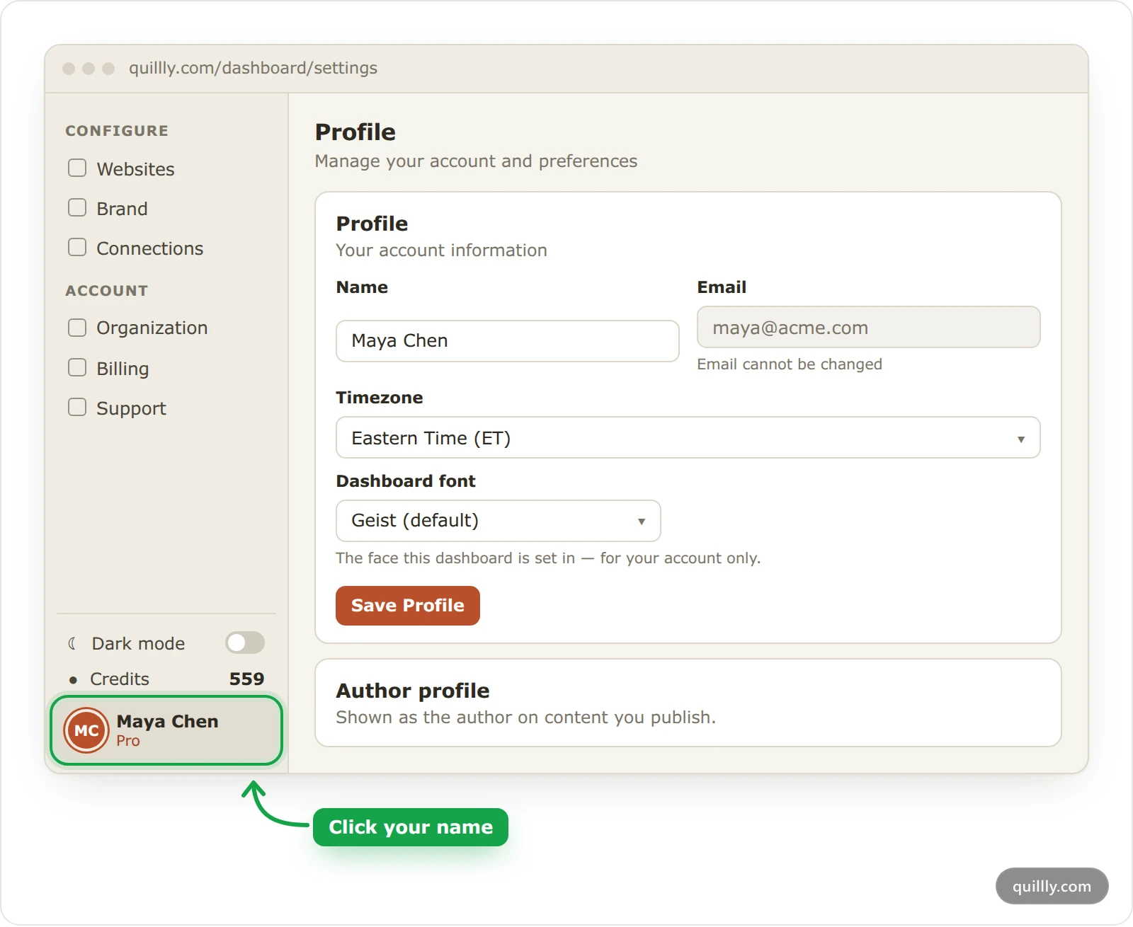 The Quillly Profile page, with your name at the bottom of the sidebar highlighted as the way to open it
