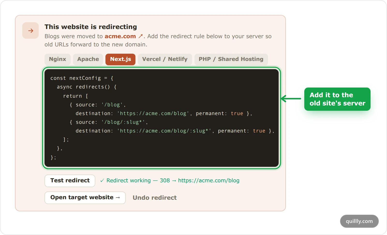 The This website is redirecting banner, with the Next.js redirect rule for acme.com, a passing Test redirect check and the Undo redirect button