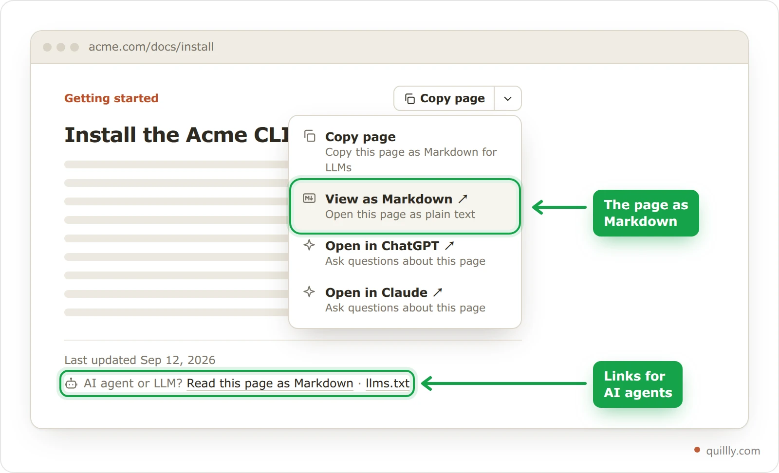 A docs page on acme.com with the Copy page menu open on View as Markdown, and the links for AI agents at the end of the page