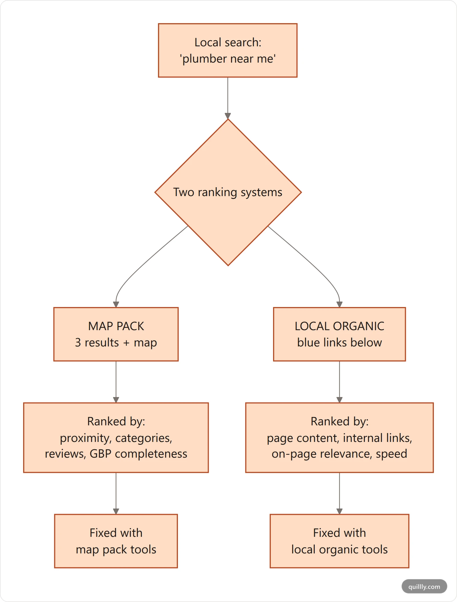Vertical flowchart showing a local search query splitting into the map pack path ranked by Google Business Profile signals and the local organic path ranked by website page signals