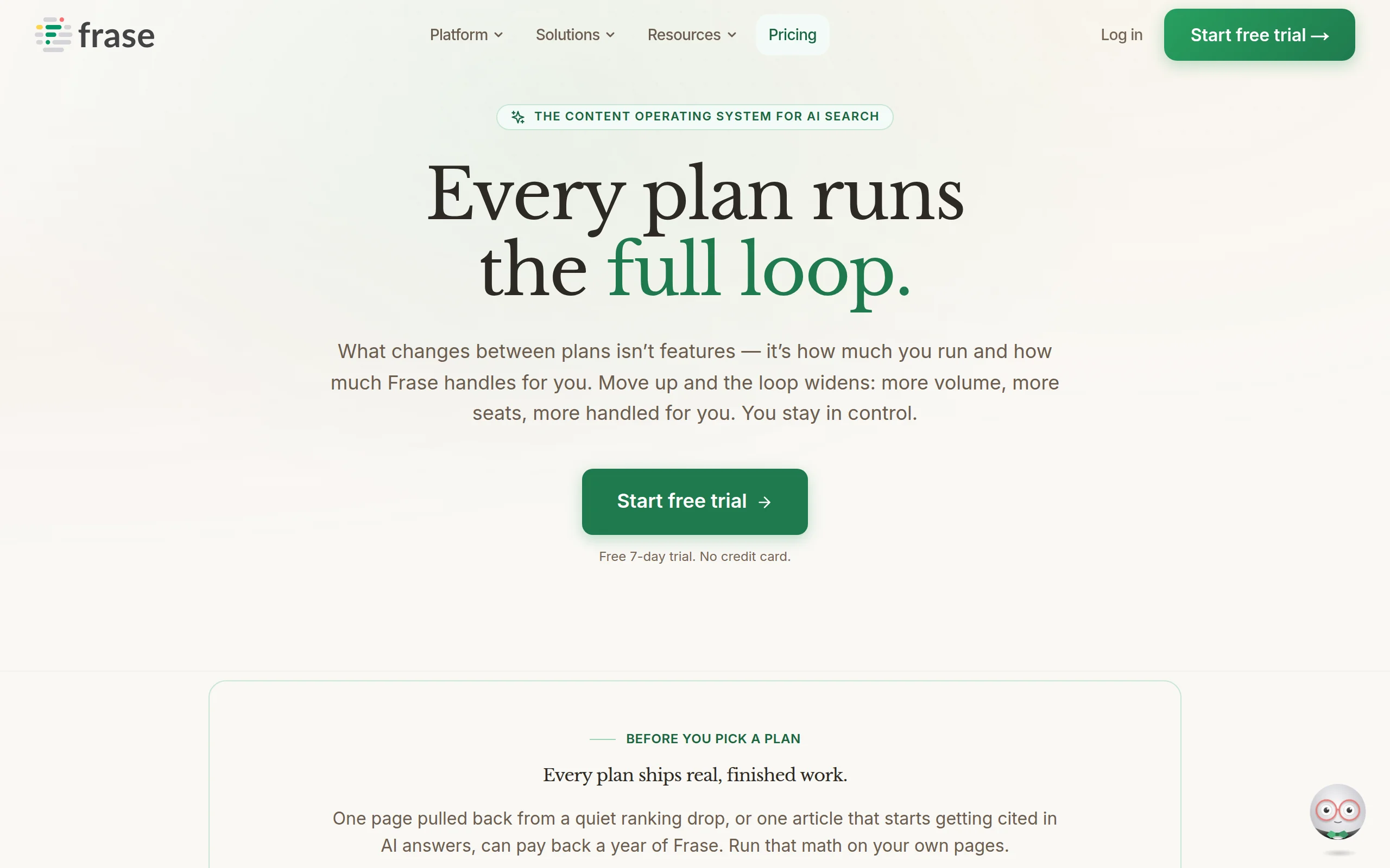 Frase's live pricing page showing Starter at $49 per month for 10 articles, Professional at $129 and Scale at $299