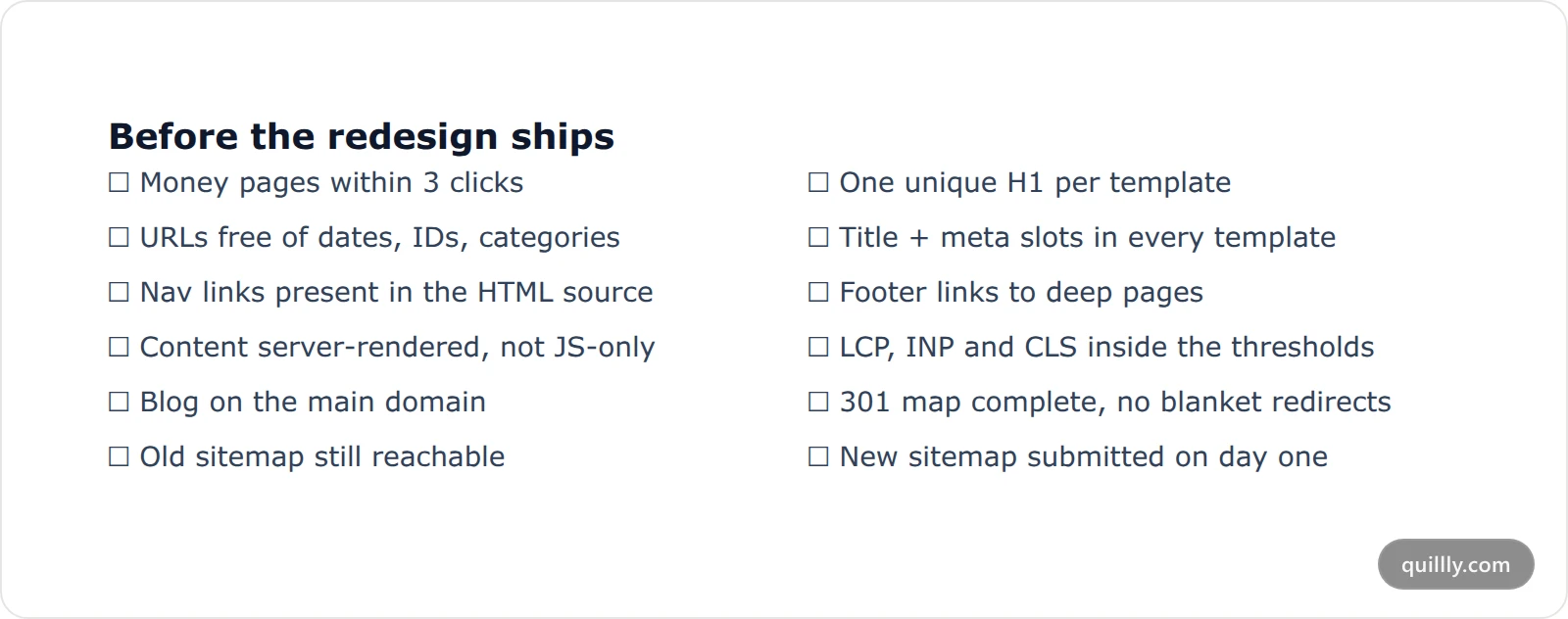 Launch-day checklist card listing the structural SEO checks to complete before a redesign goes live