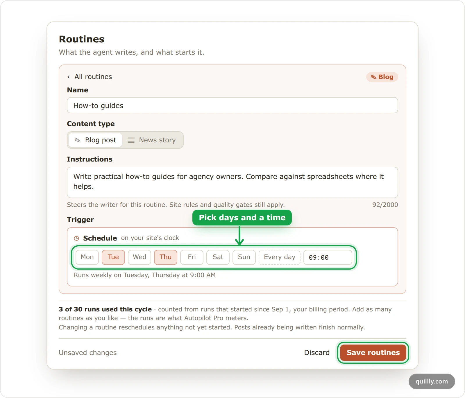 The Routines window in Quillly with a blog routine named How-to guides, its instructions, and Tuesday and Thursday at 09:00 highlighted