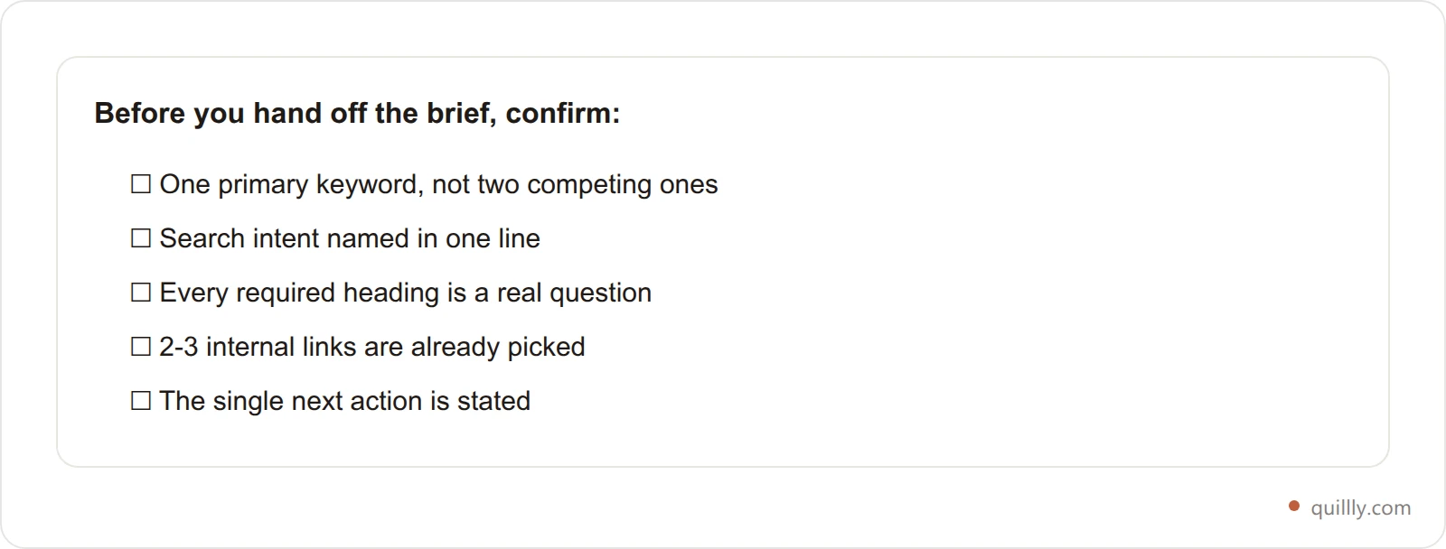 Five-item checklist to confirm before handing off an SEO content brief