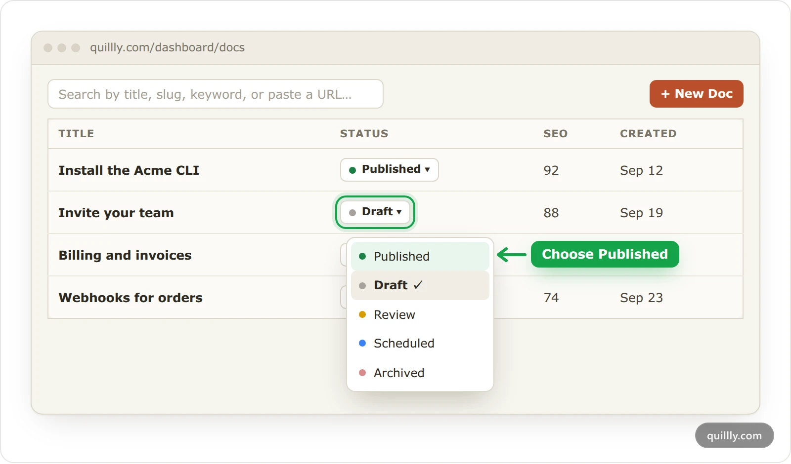 The Docs list in the Quillly dashboard with a page's status menu open and Published highlighted
