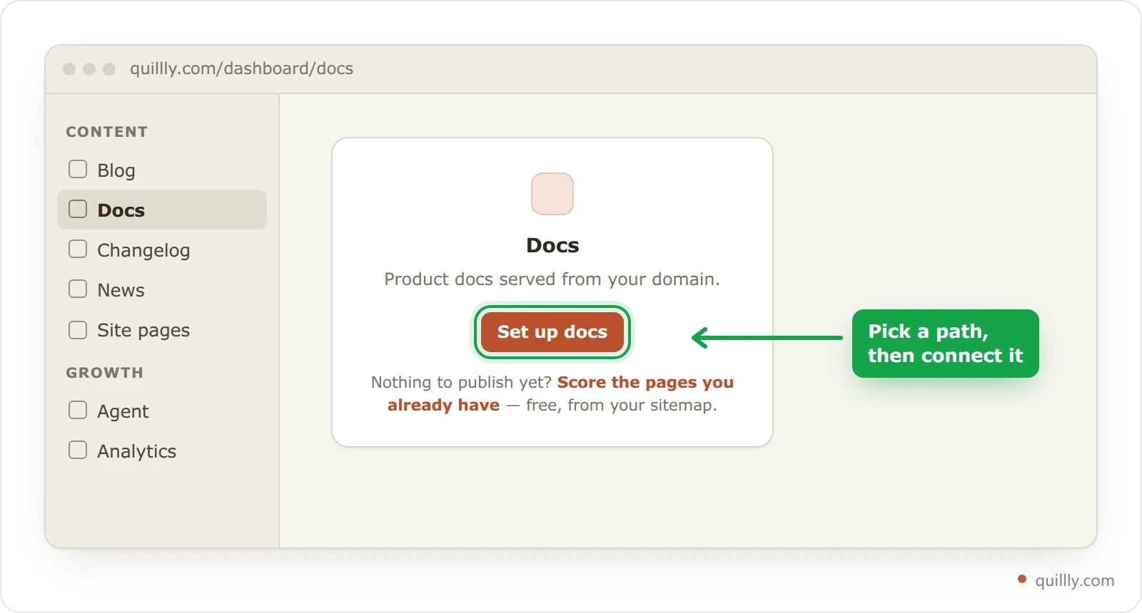The Docs entry under Content in the Quillly dashboard, showing the Docs card with its Set up docs button