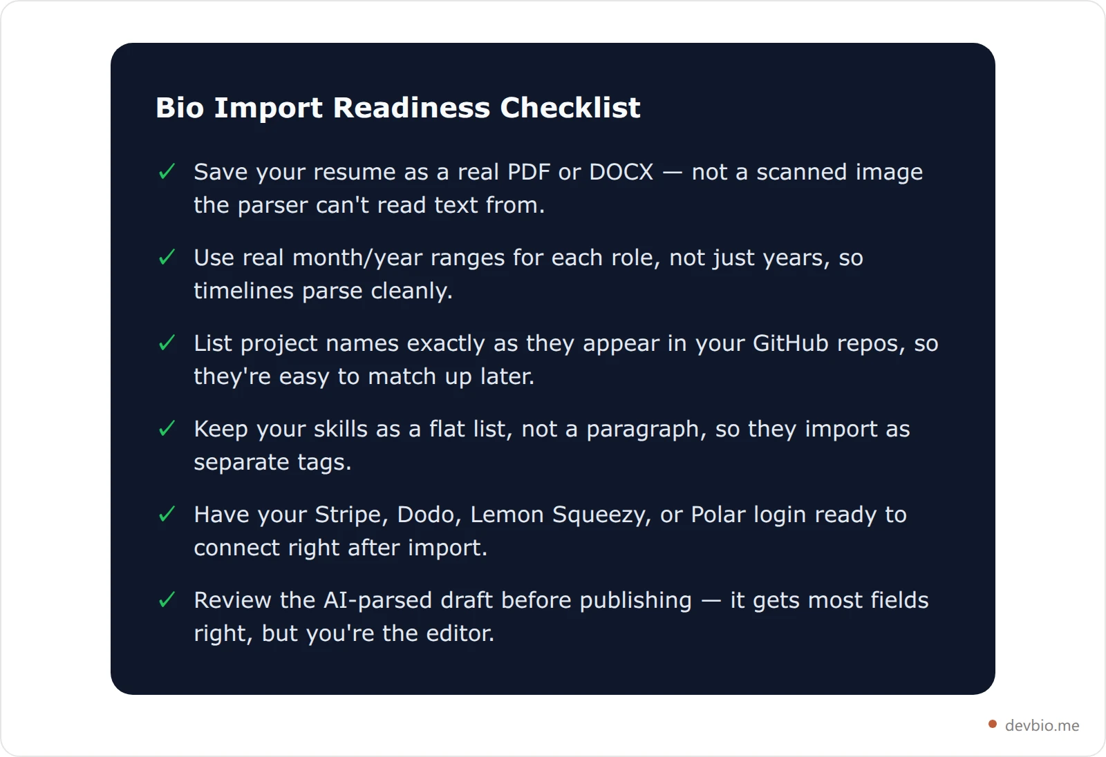 Checklist card titled Bio Import Readiness Checklist with six items for preparing a resume before AI import