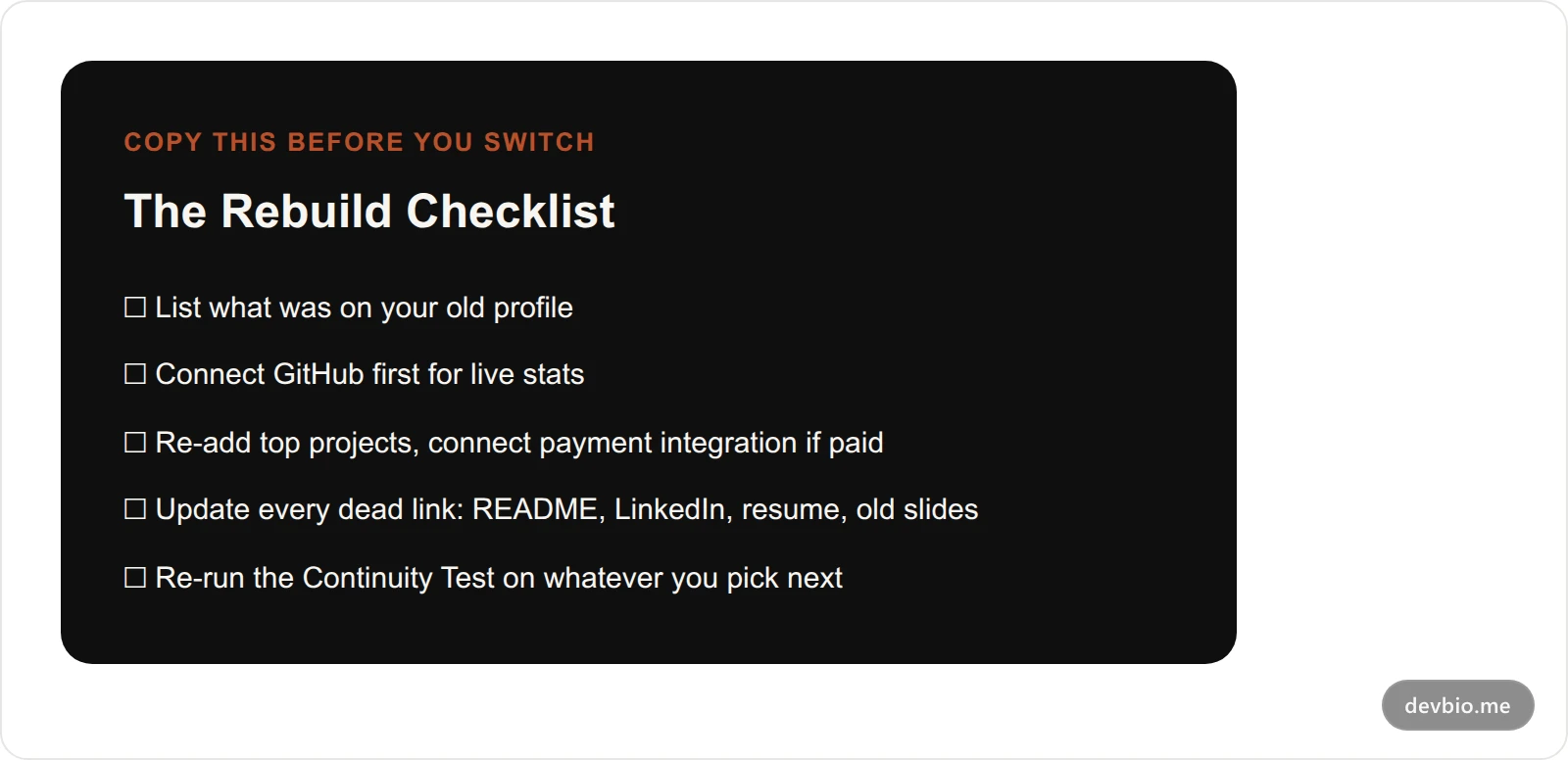 Checklist card titled The Rebuild Checklist showing five steps for replacing a dead BioDrop profile