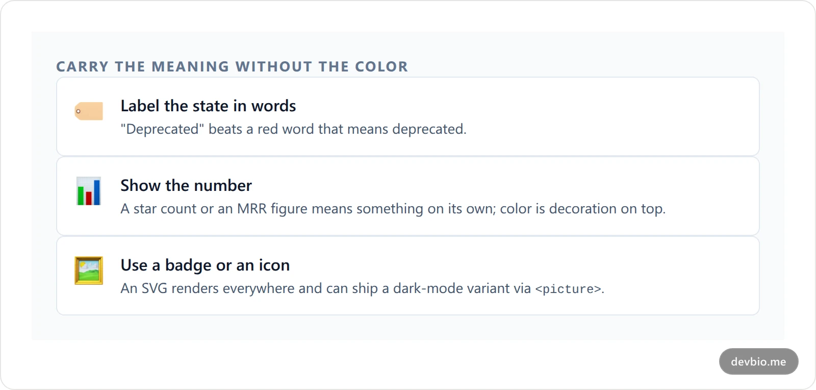 Three alternatives to colored Markdown text that convey meaning without relying on color alone