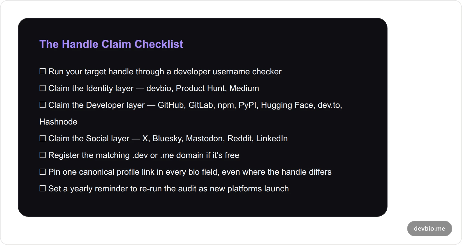 Handle claim checklist for developers covering identity, developer, and social platform layers