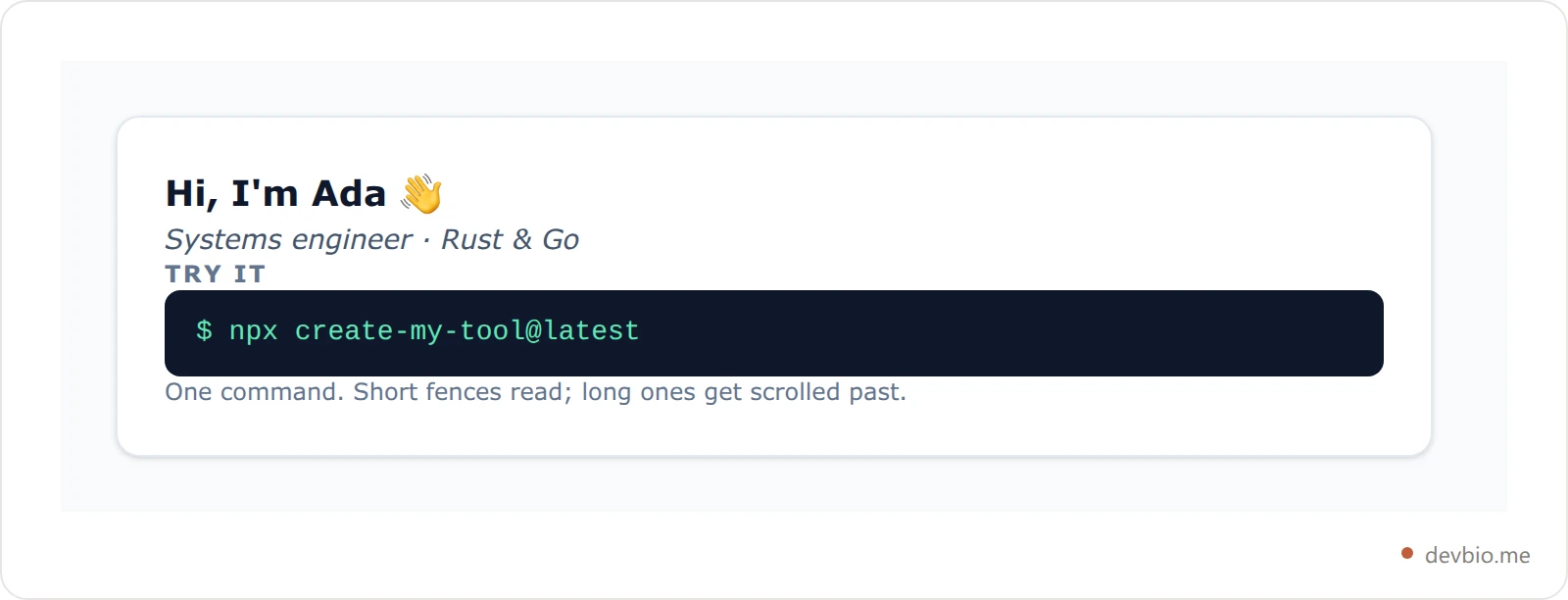 Example of a short install command code block in a GitHub profile README