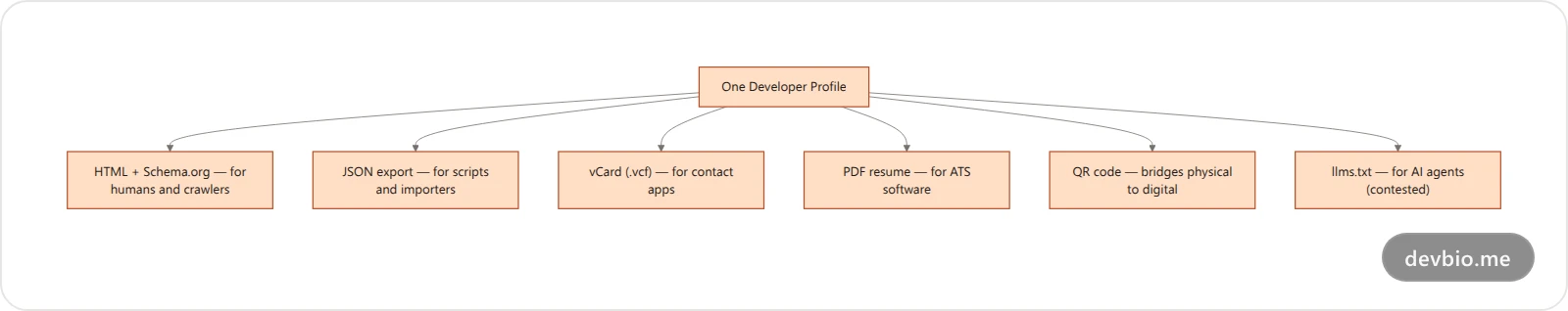 Flowchart showing one developer profile branching into six machine-readable formats: HTML, JSON, h-card, vCard, PDF, and llms.txt