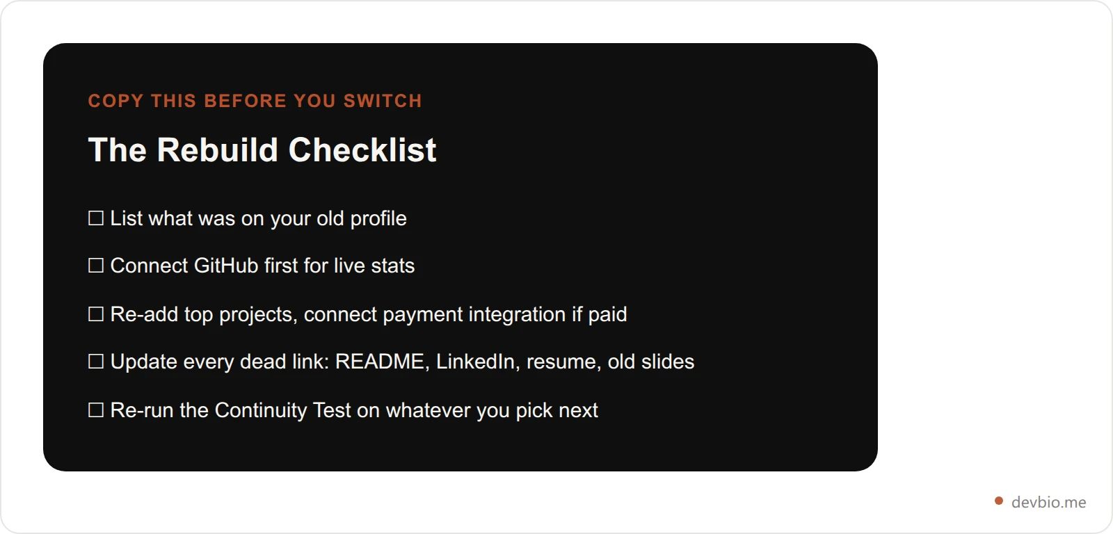 Checklist card titled The Rebuild Checklist showing five steps for replacing a dead BioDrop profile