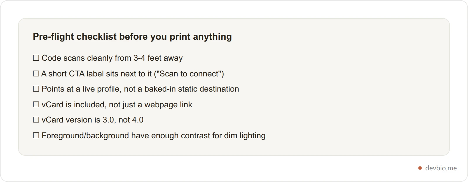 Checklist card of six common mistakes that kill QR code business card scan rates
