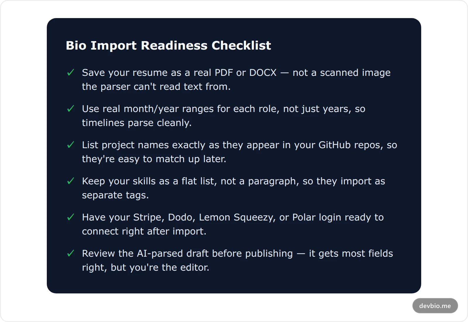 Checklist card titled Bio Import Readiness Checklist with six items for preparing a resume before AI import