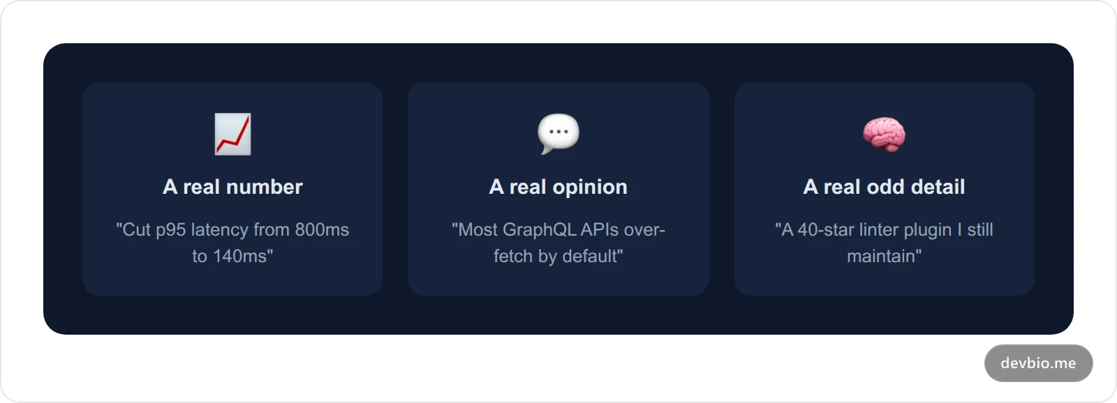 Three replacement categories for buzzwords: a real number, a real opinion, and a real odd detail