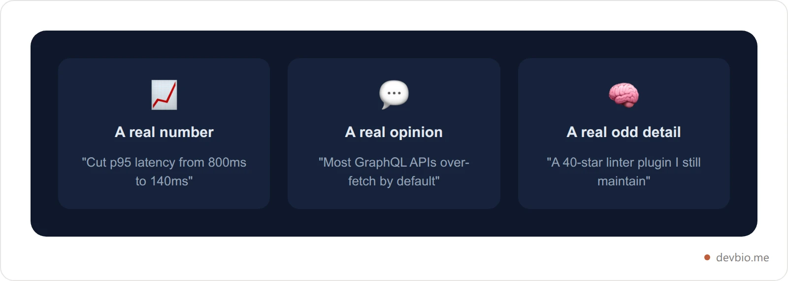 Three replacement categories for buzzwords: a real number, a real opinion, and a real odd detail