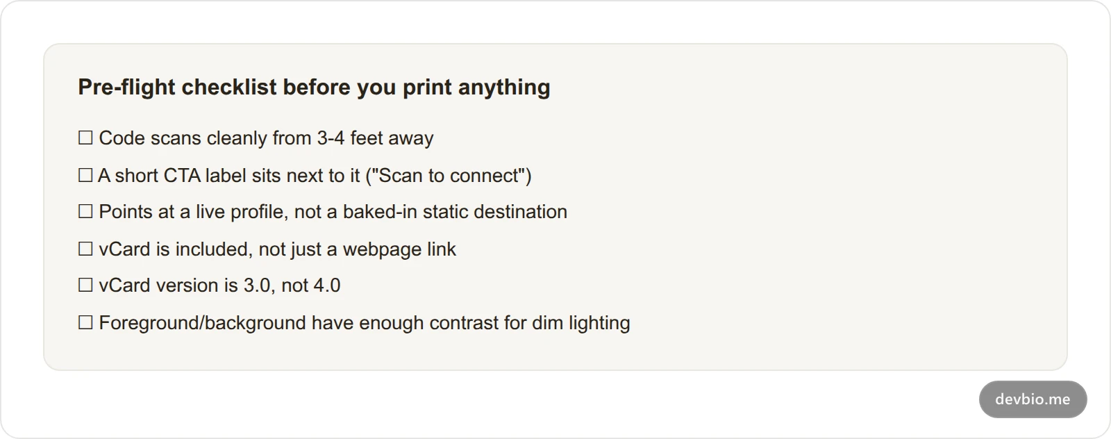 Checklist card of six common mistakes that kill QR code business card scan rates