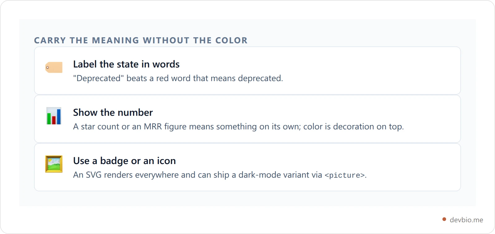 Three alternatives to colored Markdown text that convey meaning without relying on color alone