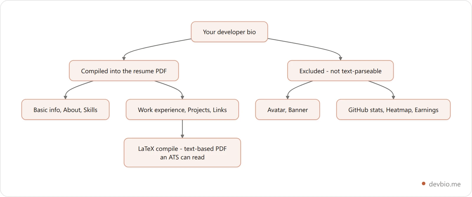 Vertical diagram showing which developer bio components compile into the ATS resume PDF and which are excluded because they are not text-parseable