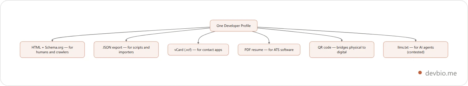 Flowchart showing one developer profile branching into six machine-readable formats: HTML, JSON, h-card, vCard, PDF, and llms.txt