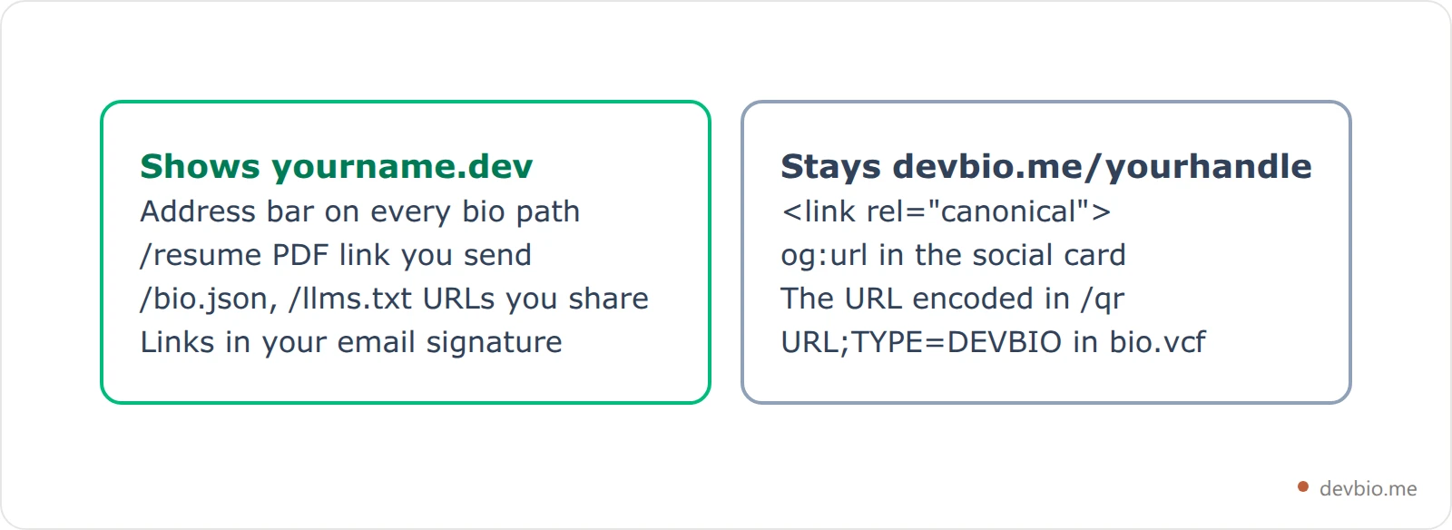 Two-column comparison card: things that show your custom domain (address bar, resume URL, JSON and llms.txt URLs you share) versus things that stay on devbio.me (canonical tag, og:url, QR code target, vCard DEVBIO URL)